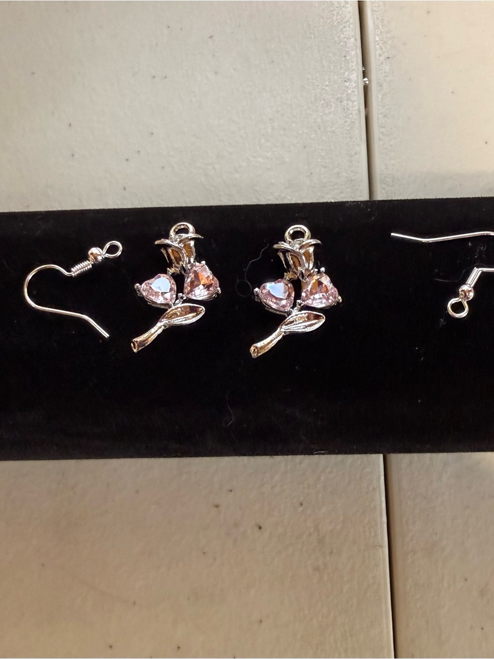 Silver Floral Pink Crystal Drop Earrings